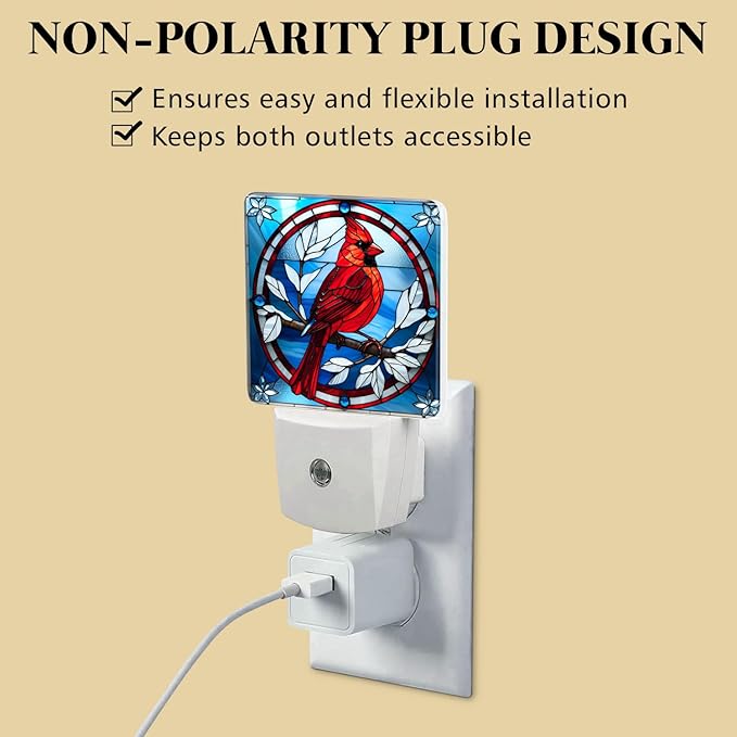 PODMemory Cardinal Stained Glass Night Lights Plug into Wall for Room, Cardinals Night Light LED for Bedroom