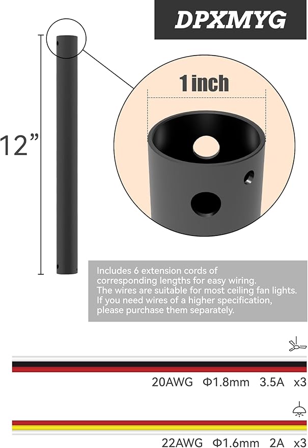 DPXMYG 12 inch Ceiling Fan Downrod with Extension Cord, 1 FT Black Downrod for Ceiling Fan, 1 inch Outside Diameter, Ceiling Fan Boom Suitable for a Wide Range of Fans (Black, Not Threaded)