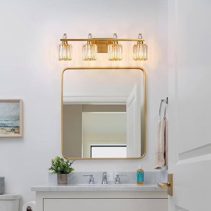 FDPBY Bathroom Vanity Lights 4-Light Gold Modern Crystal Vanity Light Fixtures Over Mirror Crystal Bathroom Vanity Lighting Fixtures