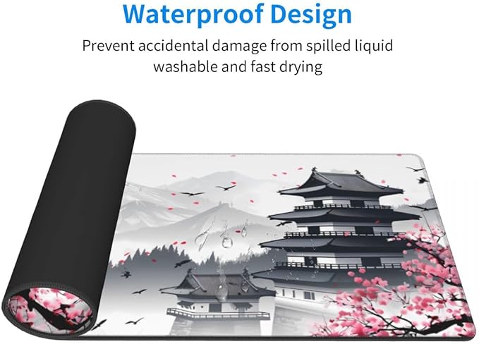 CANFLASHION Desk Pad,Office Desk Mat 31.5"×11.8"Large Gaming Mouse Pad,Durable Extended Computer Mouse Pad,Waterproof Thick Big Mouse Pads with Non-Slip Rubber Base Office Home Japanese Castle Cherry