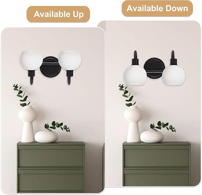 WINSHEN 2-Light Black Bathroom Light Fixture, Milk White Globe Wall Sconce Lamp for Hallway Bedroom Foyer Cabinets, Modern Vanity Lights E26 Socket