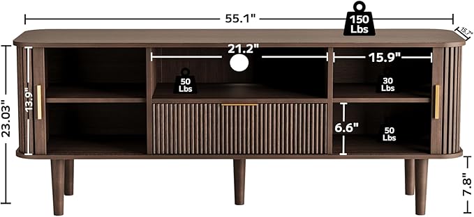DAMCROP Fluted TV Stand, 55 Inch Mid Century Modern Media Console Table with Sliding Tambour Door Farmhouse Sideboard Buffet Cabinet Fits TVs up to 75 inch, Wood Entertainment Center for Living Room