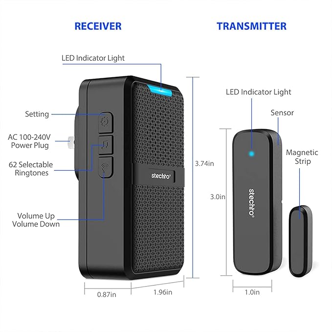 Wireless Door Chime, 600Ft Range 5 Adjustable Volume 2 Magnetic Door Alarm Sensor 1 Doorbell Plugin Receiver with 62 Chimes Mute Mode Door Bell Plugin Receiver for Home/Office/Store STECHRO (Black)
