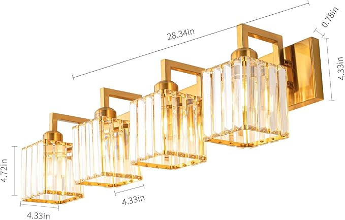 FDPBY Modern Crystal Bathroom Vanity Light 4-Lights Gold Brushed Brass Finish Modern Crystal Wall Lamp Bathroom Vanity Lighting