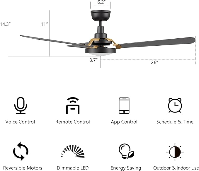 SMAAIR 52 Inch Smart Wifi Ceiling Fans with Dimmable LED Lights and Remote, Compatible with Alexa/Google Home/Siri/APP, Outdoor DC Fans with 10 Speeds, Timer/Schedule,Black/Gold