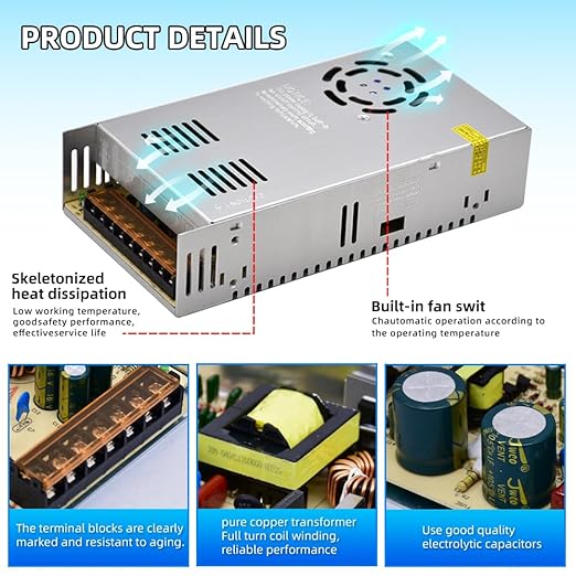 HuanQiuSensmart 110V AC to 12V DC Transformer, 12V 500W 40A Switching Power Converter, Built-in Cooling Fan, with Various Power adapters.