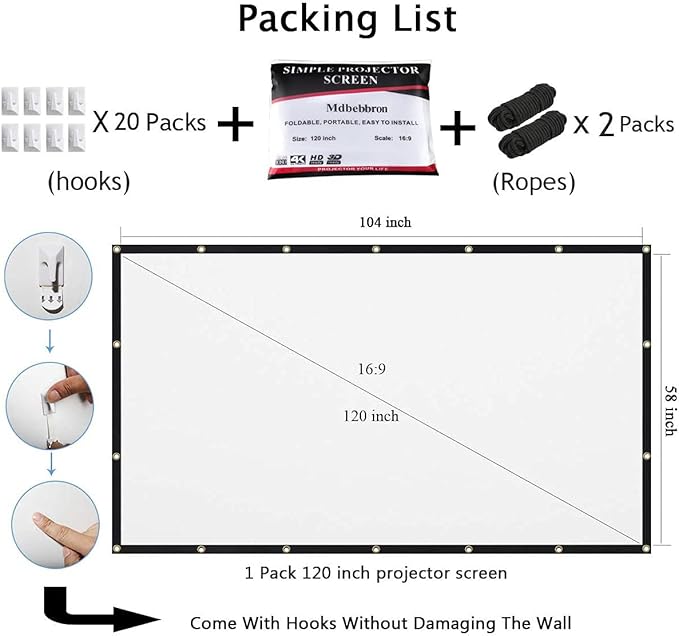 Mdbebbron 120 inch Projector Screen 16:9 Foldable Anti-Crease Portable Projector Movies Screens for Home Theater Outdoor Indoor Support Double Sided Projection