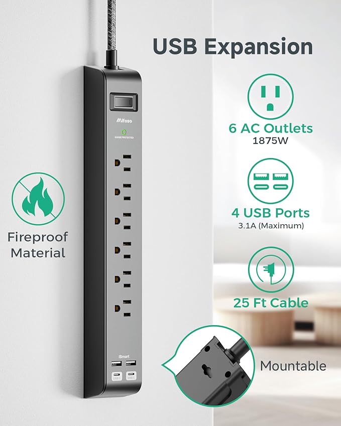 25FT Surge Protector Power Strip - 2 Pack Extension Cord with 6 Outlets 4 USB Ports, Flat Plug, 900 Joules, 15A Circuit Breaker, Wall Mount for Home Office, Dorm Essentials