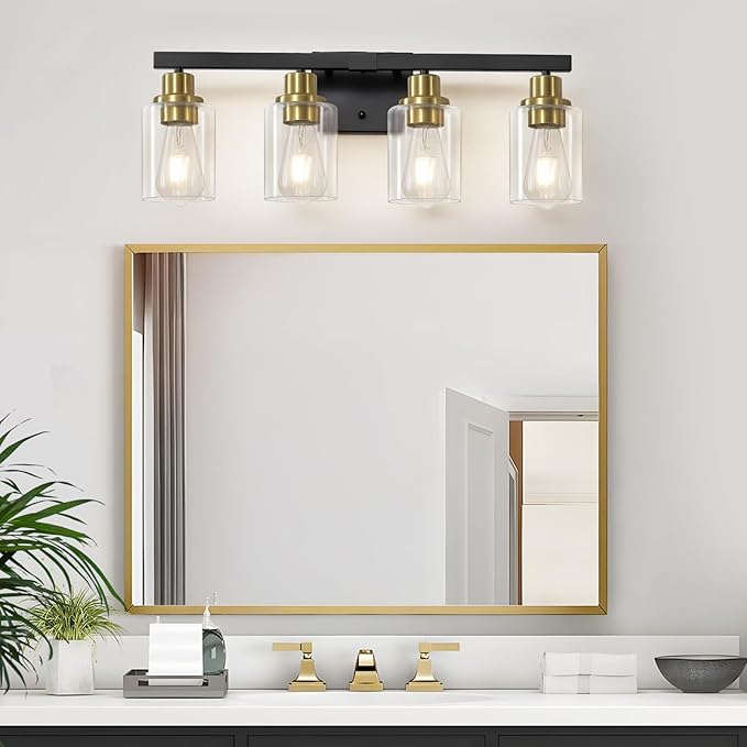 DIKAIDA Bathroom Vanity Light, 4-Light Black and Gold Bathroom Light Fixtures with Clear Glass Shade, Bathroom Lighting Fixtures Over Mirror,Bath Black Wall Lights for Mirror Bedroom,Living Room