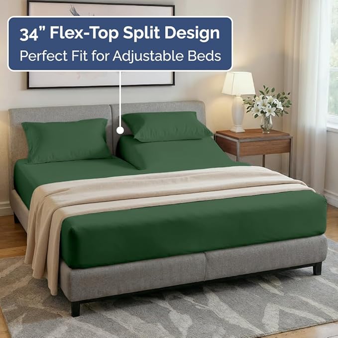 Split Head King Sheet Set – 4 Piece Flex Split Top King Sheets for Adjustable Beds - Fits 14” to 16" Mattress w/ Deep Pockets - Breathable & Cooling - Luxury Bedding and Wrinkle Free - Emerald Green