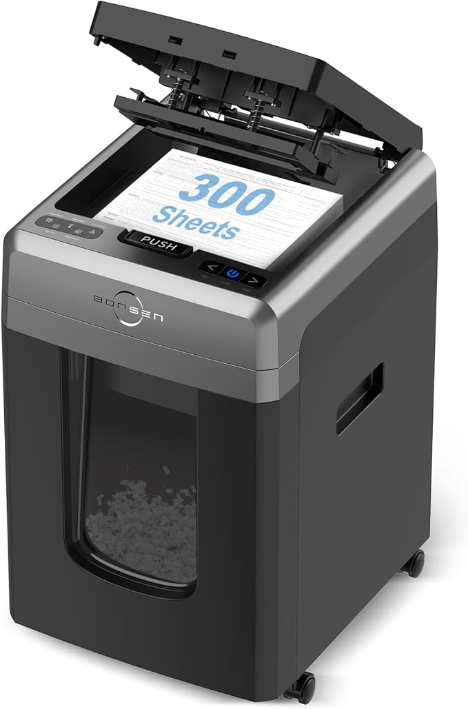BONSEN 300-Sheet Auto Feed Paper Shredder, 60 Minutes Non-Stop Commercial Grade Heavy Duty Shredders for Office, 8.1 Gallon Micro Cut Document Shredder, P-4 Security Level,58dB Super Quiet (S3113)