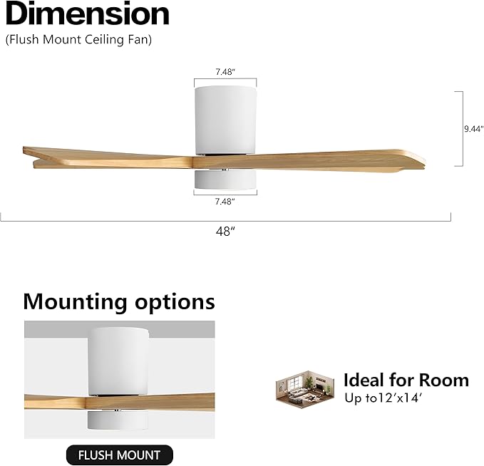 WINGBO 48 Inch Flush Mount DC Ceiling Fan with Lights and Remote, 5 Reversible Carved Wood Blades, 6-Speed Noiseless DC Motor, Hugger Ceiling Fan in White Finish with Oak Blades, ETL Listed