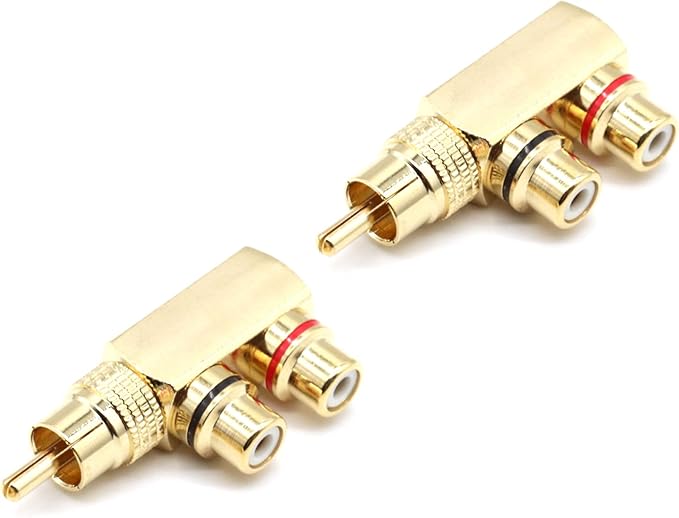 LOCHSOEL RCA Splitter Adapter,Right Angle RCA Male to 2 Female AV Splitter Adapter Gold Plated Connector(2Pack)