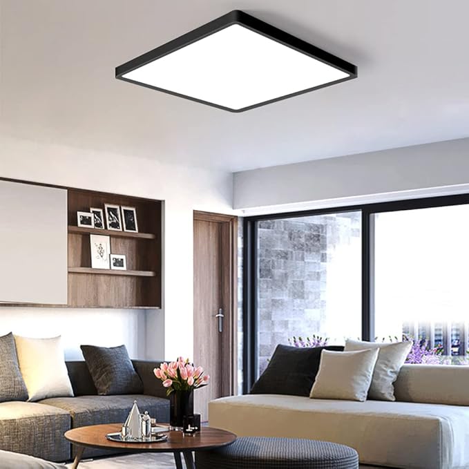 12inch 24W LED Flush Mount Ceiling Light, 3000K Square LED Ceiling Light, Black Flat Panel Lighting for Bedroom, Kitchen, Living Room