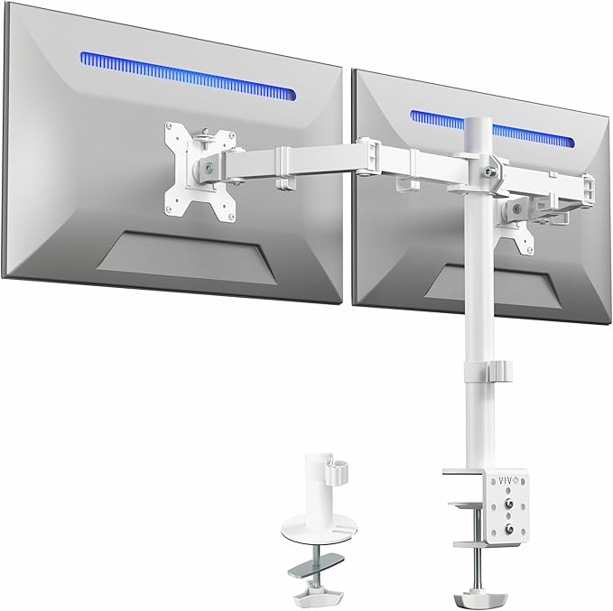 VIVO Dual Monitor Desk Mount, Heavy Duty Fully Adjustable Steel Stand, Holds 2 Computer Screens up to 30 inches and Max 22lbs Each, White, STAND-V002W