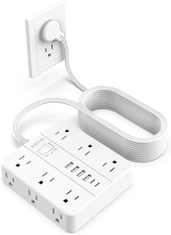 AOFO 20FT Surge Protector Power Strip,12 AC Outlets with 6 USB Ports (2 USB-C), Flat Plug Extension Cord with Multiple Outlets, Wall Mount for Home Office,Dorm, White