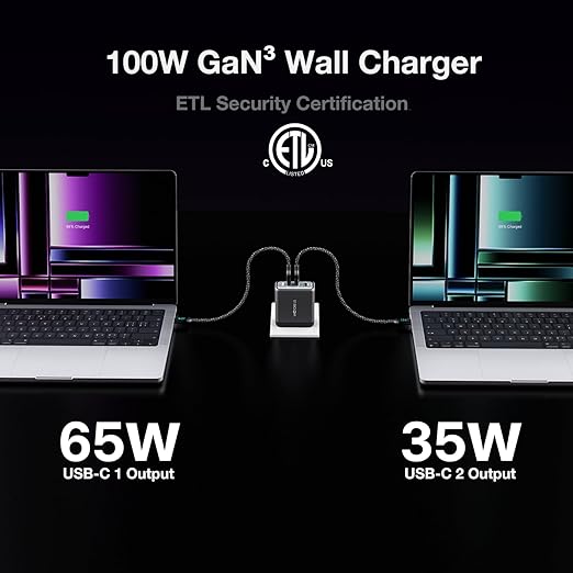 WOTOBEUS USB C GaN Wall Charger Block with ETL, Type-C Laptops Power Adapter PD3.0 100W 65W 20W, Cable with Power Display, for iPhone 17/16/15 Galaxy Pixel Motorola MacBook & Laptops