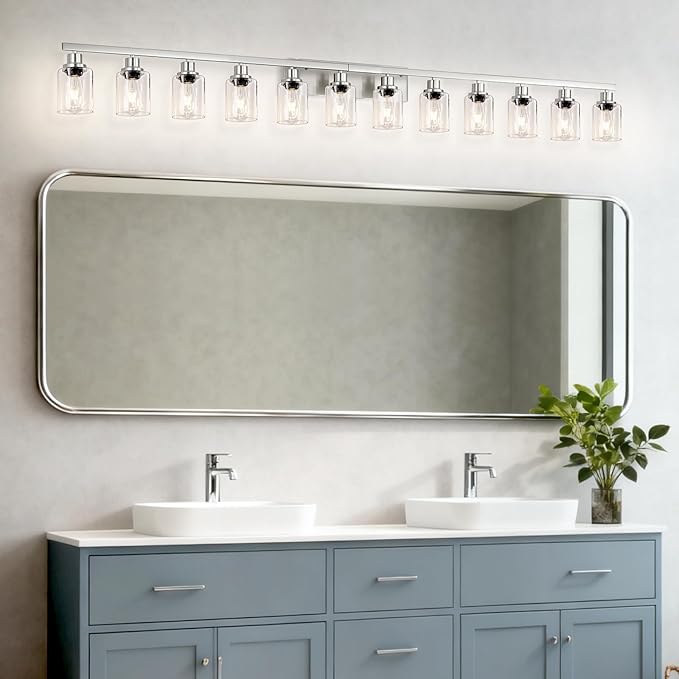 DIKAIDA Brushed Nickel Bathroom Vanity Light, 12 Light Brushed Nickel Bathroom Lighting fixtures Over Mirror, Brushed Nickel Bathroom Vanity Lights Wall Lighting for Mirror Bedroom, Living Room