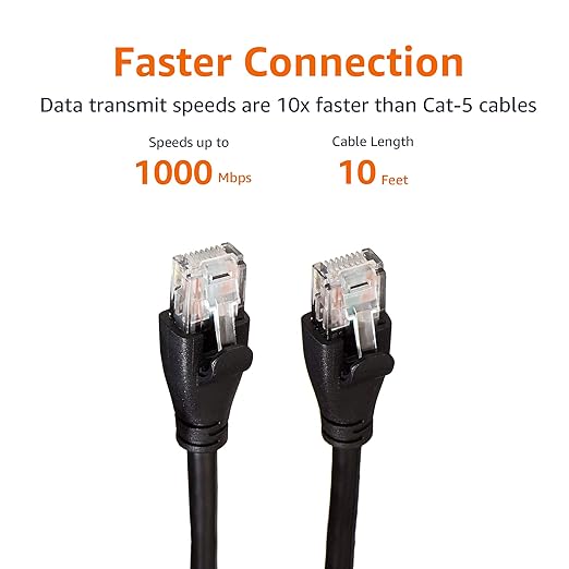 Amazon Basics RJ45 Cat 6 Ethernet Patch Cable, 1Gpbs Transfer Speed, Gold-Plated Connectors, 10 Foot For Personal Computer,Printer,Laptop,Gaming Consoles,Router, Black
