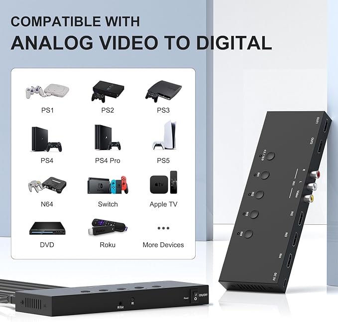 4 in 2 Out RCA/HDMI Switcher，3 Way HDMI 2.0 + 1 RCA Converter，4:3/16:9 & 2 Ports HDMI Output Support 4K and 3D for PS1/2/3/4/5, N64, SNES, Switch, DVD, Roku, etc.