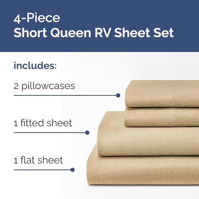 RV Short Queen Sheet Set 60 X 75 - 4 Piece RV Short Queen Bed Sheets - Soft, Breathable & Cooling - Designed for Bunks, Trailers & Campers - Fits 8” to 12" Mattress - Luxury Bedding - Heathered Tan