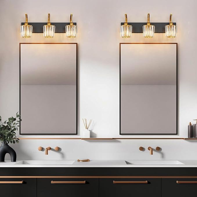 FDPBY Modern Bathroom Vanity Light, 3-Light Black Gold Wall Sconce with Crystal Accents, Over Mirror Bathroom Lighting Fixture, 23.62" Long Dimmable Vanity Lamp for Makeup, Easy Installation