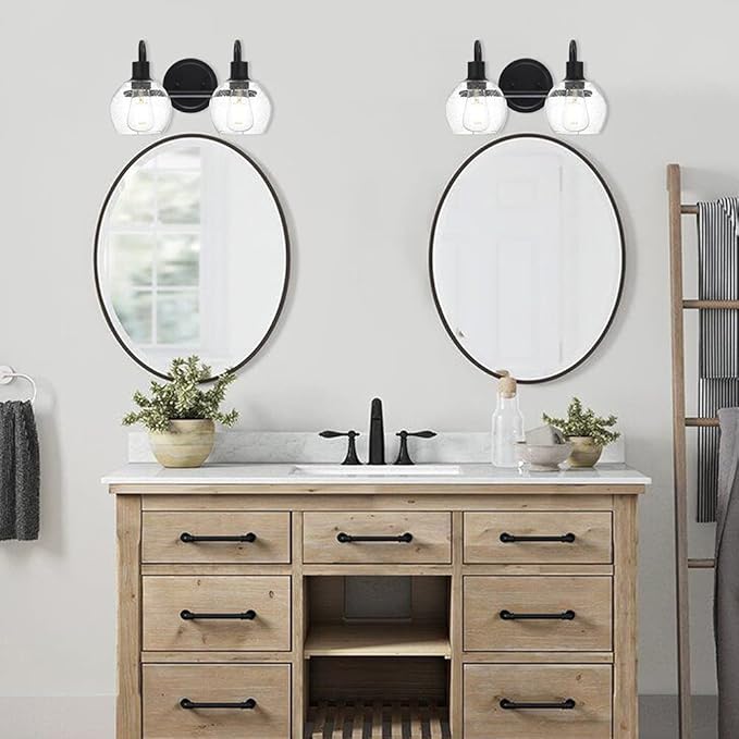 WINSHEN Black 2-Lights Wall Sconce Lighting with Seeded Glass Lampshades Industrial Bathroom Vanity Light Fixtures for Hallway Kitchen Bedroom
