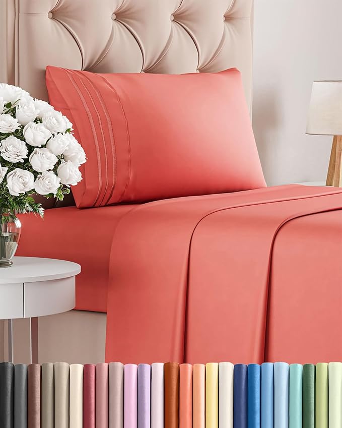 Twin XL Size 3 Piece Sheet Set - Comfy Breathable & Cooling Bed Sheets Set - Hotel Luxury Bedding for Women, Men, Kids, Teens, Boys & Girls - Deep Pockets, Ultra-Soft, Wrinkle Free - Oeko-Tex - Coral