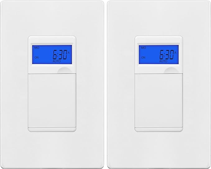TG 7 Days Digital in-Wall Programmable Timer Switch for Lights, Fans, and Motors, Single Pole, Neutral Wire Required, 18 ON/Off Timer Settings, with Blue Backlight, White, 2 Pack