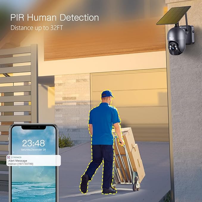 Ctronics 3MP Solar Security Camera Wireless Outdoor WiFi, PTZ Surveillacne Camera Battery-Powered for Home Security, 360° View, LED Light Color Night Vision, PIR Human Detection, 2-Way Audio (Grey)