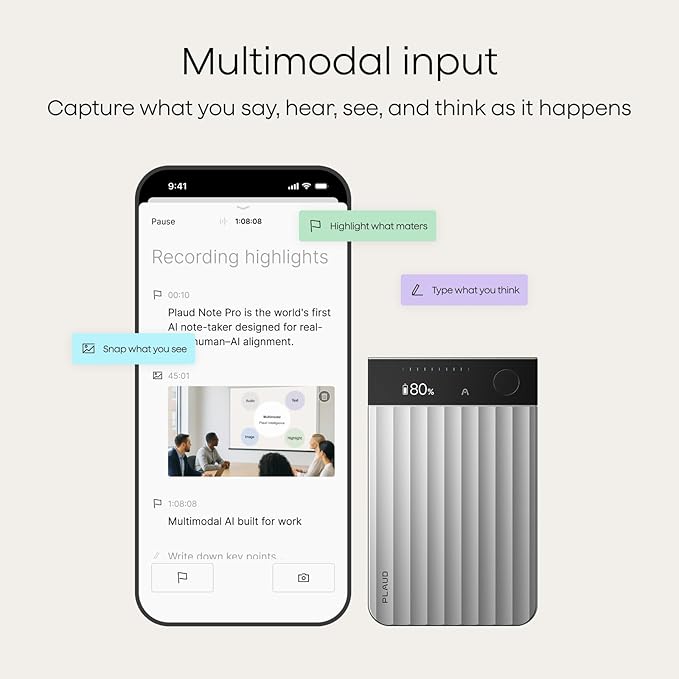 Plaud Note Pro AI Voice Recorder, Transcribe & Summarize with AI, App Control, Note Taker for Meetings & Calls, Supports 112 Languages, Ultra-Slim w/InstantView Display, Case Included, Silver