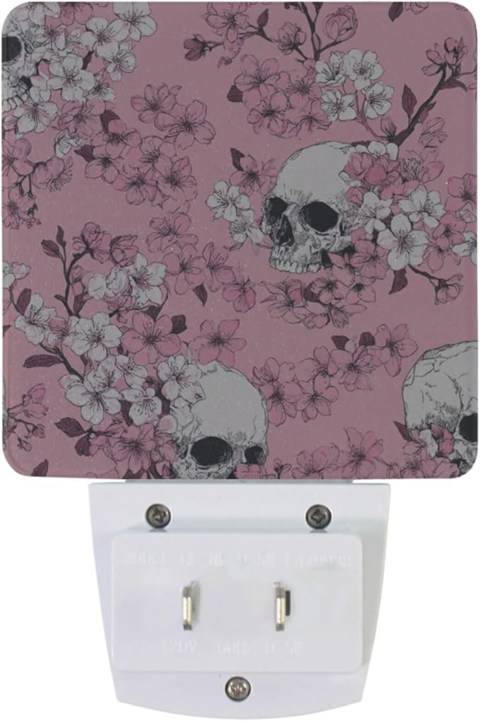 Pigsaly Led Night Light Pink Cherry Blossoms White Skulls Night Light Plug in Wall Lamp Smart Dusk to Dawn Sensor Nightlight Led Lamp Energy Saving Lights Gift for Kids Room Bedroom Bathroom Hallway