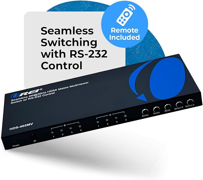 OREI Quad Multi HDMI Viewer 4 in 2 Out, HDMI Matrix Switcher 4 Ports Seamless Switching and IR Remote Supports 4K PIP PS5/PC/DVD/Security Camera, HDMI Switch RS-232 Optical Out - HDS-402MV