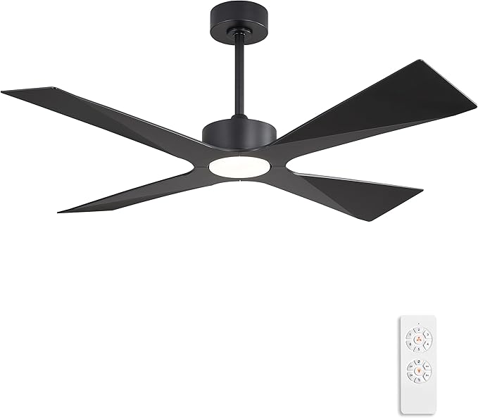 WINGBO 64" Wet Rated Outdoor Ceiling Fan with Lights, 4 ABS Plastic Blades, Reversible DC Motor, 6-Speed Remote Control, 3 CCT, Waterproof Ceiling Fan for Patio Porch Gazebo Garage, Matte Black