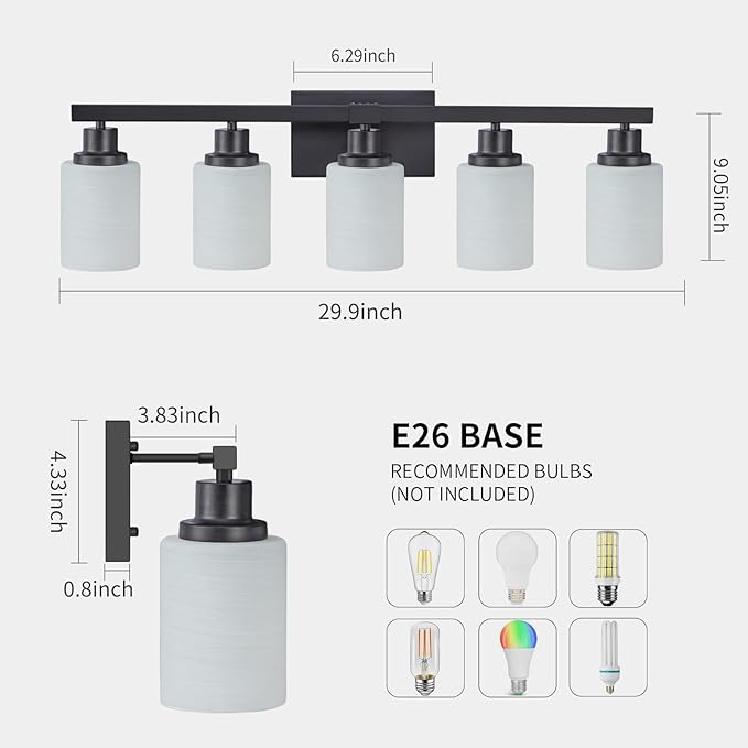 DIKAIDA Bathroom Vanity Light, 5-Light Vanity Lighting Fixture Over Mirror for Bathroom, 30" Matte Black Wall Light Fixture, Wall Sconces with Frosted Glass Shade for Mirror Bedroom Living Room