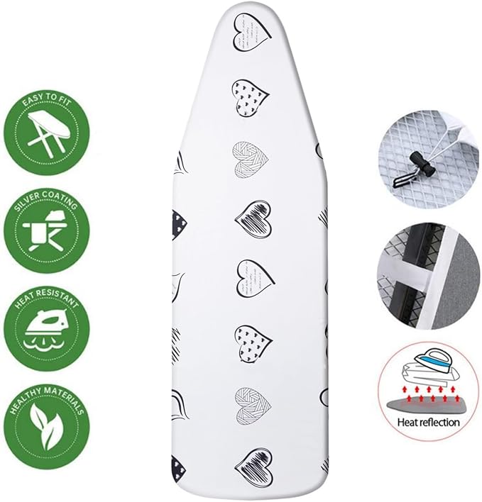Yizunnu Ironing Board Cover and Pad,19x55 inch Extra Large and Thick Padding,Stain Resistant Heat Resistant Cotton Padding,Elastic Edge and Hook and Loop Adjustable Fastener(Heart)