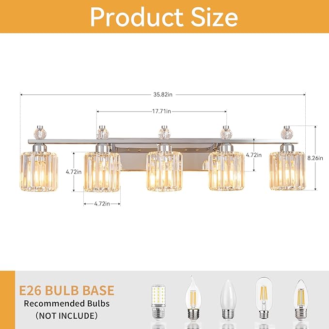 FDPBY Bathroom Vanity Lights 5-Light Chrome Modern Crystal Vanity Light Fixtures Over Mirror Crystal Bathroom Vanity Lighting Fixtures