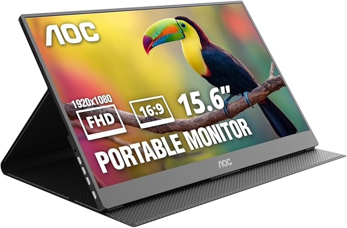 AOC 16T20 Portable Monitor 15.6" FHD 1080p IPS Display, USB-C Portable Laptop Screen, Mini HDMI, Built-in Speakers, Travel Monitor with Smart Cover, Compatible with Laptops, MacBook, PS5, Xbox