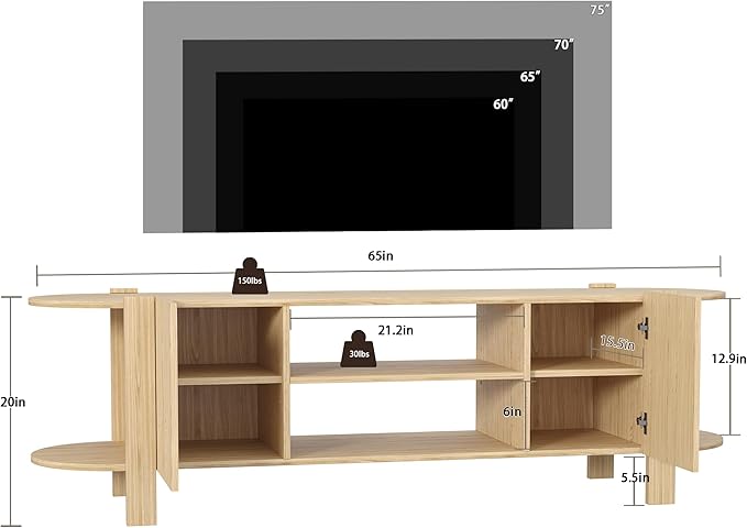 ZOSQUARE 65 Inch TV Stand for Up to 75 inch TVs, Fluted Entertainment Center with Adjustable Shelve, Curved Round Corner TV Console Table with Storage Cabinet for Living Room, Bed Room (Natrual Wood)