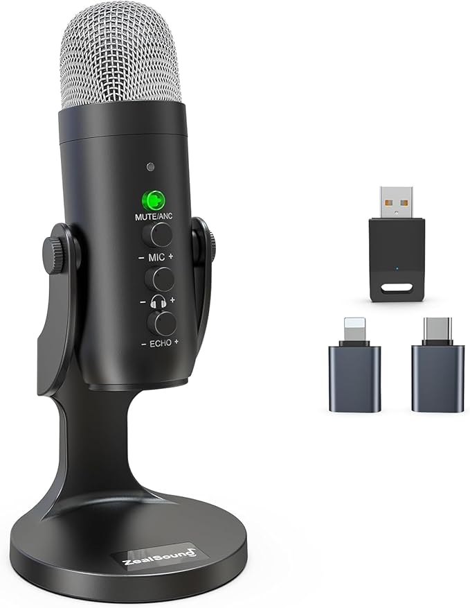 ZealSound Wireless Microphone,USB Mic for iPhone PC iPad Android Phone-Cordless Condenser Desktop Microphones with Mute Echo Monitor Volume Gain 2.4GHz for Podcast,ASMR,Gaming,YouTube Video/K66 Black