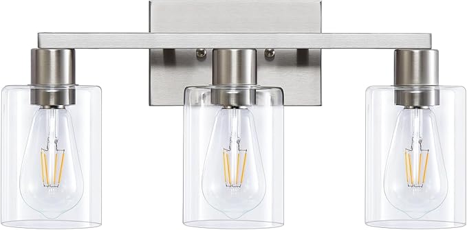 SOPEAS 3-Light Vanity Lights,Brushed Nickel Vanity Light,with Clear Glass Shade for Bathroom Light Fixtures, Bathroom Light Fixtures Over Mirror