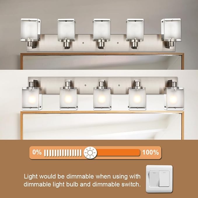 WINSHEN 5-Lights Bathroom Vanity Light Fixtures, Modern Brushed Nickel Wall Sconce Lighting with Rectangular Frosted Glass Shades, E26 Bulb Base