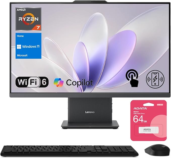 Lenovo IdeaCentre Business All-in-One PC, 27" FHD 100Hz Display, AMD Ryzen 7 8845HS, 16GB DDR5 RAM, 1TB SSD, Wi-Fi 6, Win11 Home, Wireless KB & M, Copilot-Ready, Bundle with Adata UC310 64GB