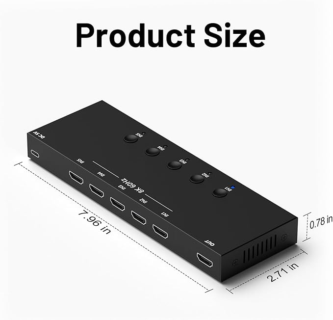 8K 5 in to 1 Out HDMI Switcher，5 Way HDMI Converter & Infrared Remote Control - Ideal for Nintendo Switch/OLED/Xbox PS5/4/3 Blu-Ray Player Fire TV Stick Roku Apple TV Chromecast PC