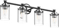 PHIXART Bathroom Lighting Fixtures Black and Chrome Bathroom Vanity Light with Cylindrical Clear Stripes Glass Lampshade E26 Socket Base Bathroom Lighting Fixtures Over Mirror (4 Lights)