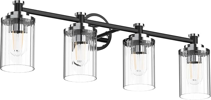 PHIXART Bathroom Lighting Fixtures Black and Chrome Bathroom Vanity Light with Cylindrical Clear Stripes Glass Lampshade E26 Socket Base Bathroom Lighting Fixtures Over Mirror (4 Lights)