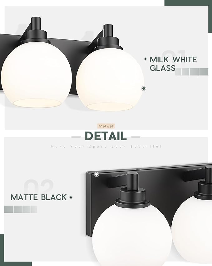 METWET Bathroom Light Fixtures, 4 Light Matte Black Vanity Light, 26 Inch Modern Wall Sconces with Globe Milk White Glass Shade, Vanity Lighting Fixtures Over Mirror, VL195-MB-ML-4