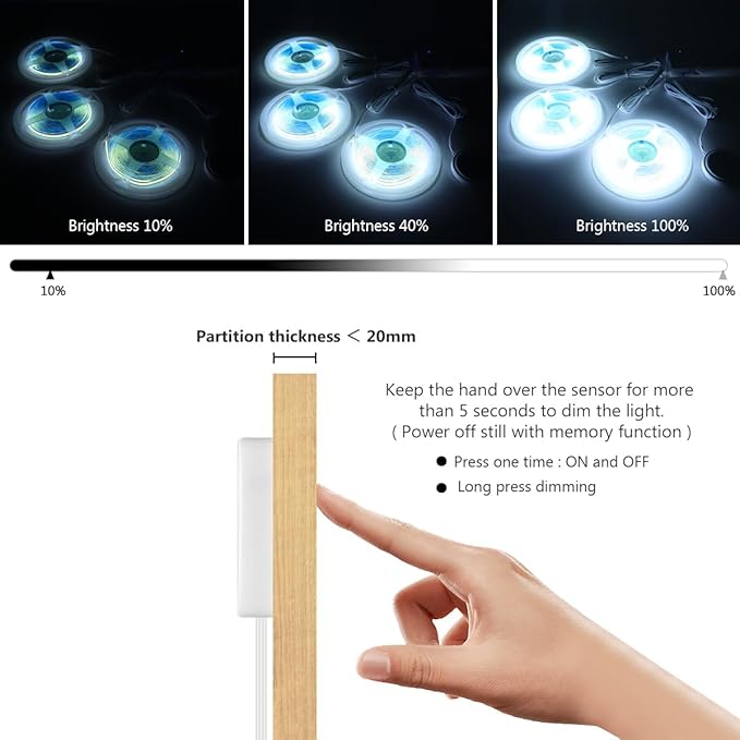CHNMALITAI Under Cabinet LED Lighting kit, 6 PCS 6500K White LED Strip Lights Penetrable Wood Touch Dimmable COB LED Strip with 60W Adapter for Kitchen Cabinet,Counter,Shelf,TV Back,Showcase