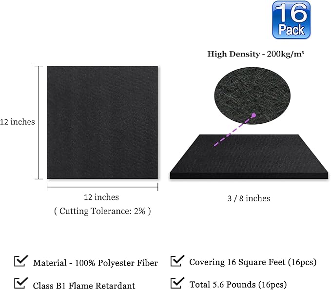 BXI Sound Absorber, 12 X 12 X 3/8 Inches 16Pcs High Density Acoustic Absorption Panel, Sound Absorbing Panels Reduce Echo Reverb, Tackable Acoustic Panels for Wall and Ceiling Acoustic Treatment