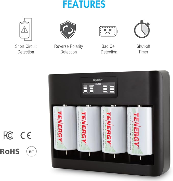 Tenergy 4 Pack Centura Lite D Size Batteries and TN486U 5-Bay Universal Battery Charger with LCD, Micro USB/Type C Input